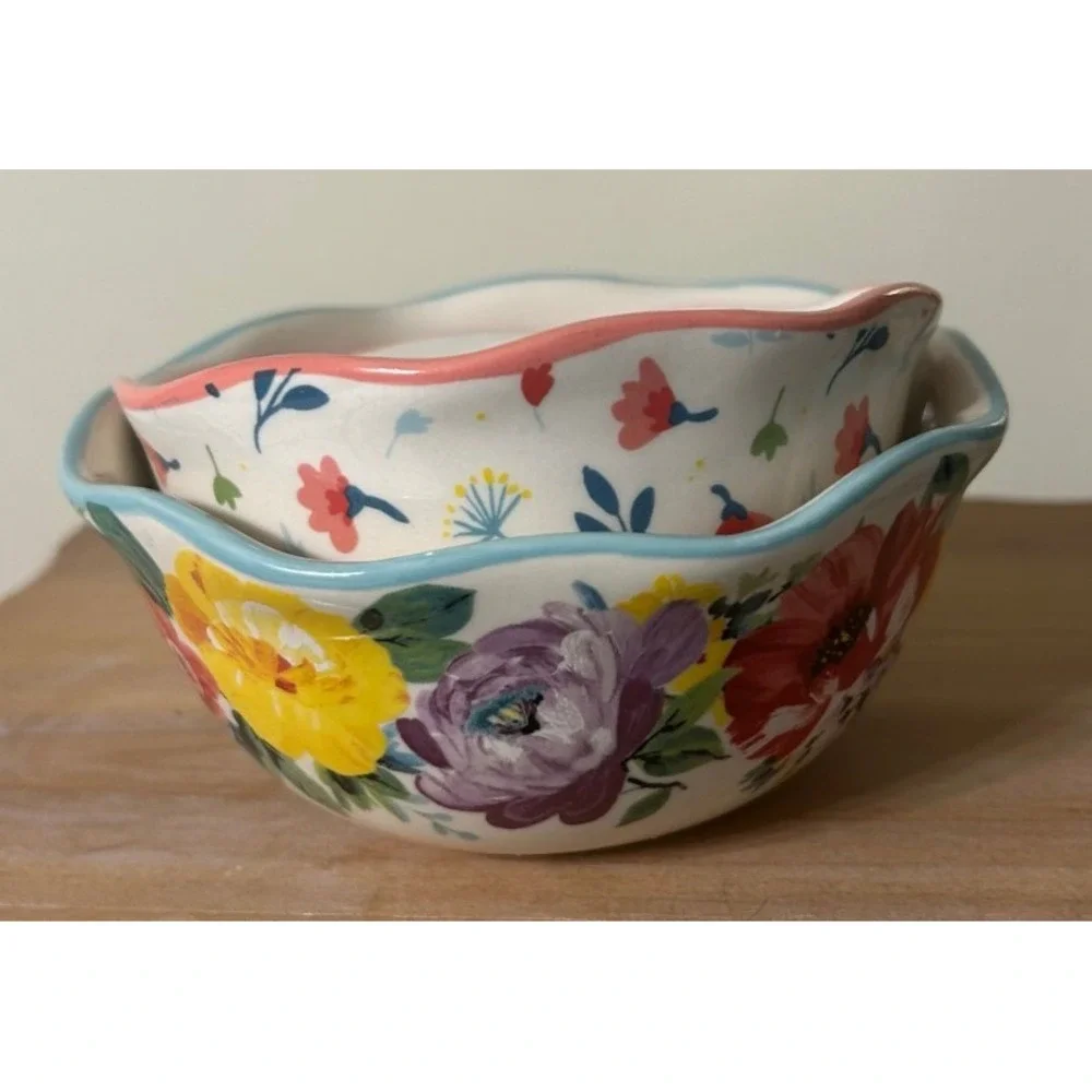Pioneer Woman Nesting Measuring Bowls Set 2 Floral Stoneware 1 Cup 1/2 Cup